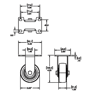 31-RPD3-5 MODULAR SOLUTIONS CASTER 3 IN, RIGID TOP PLATE TOP FLAT PLATE/BALL BEARING
